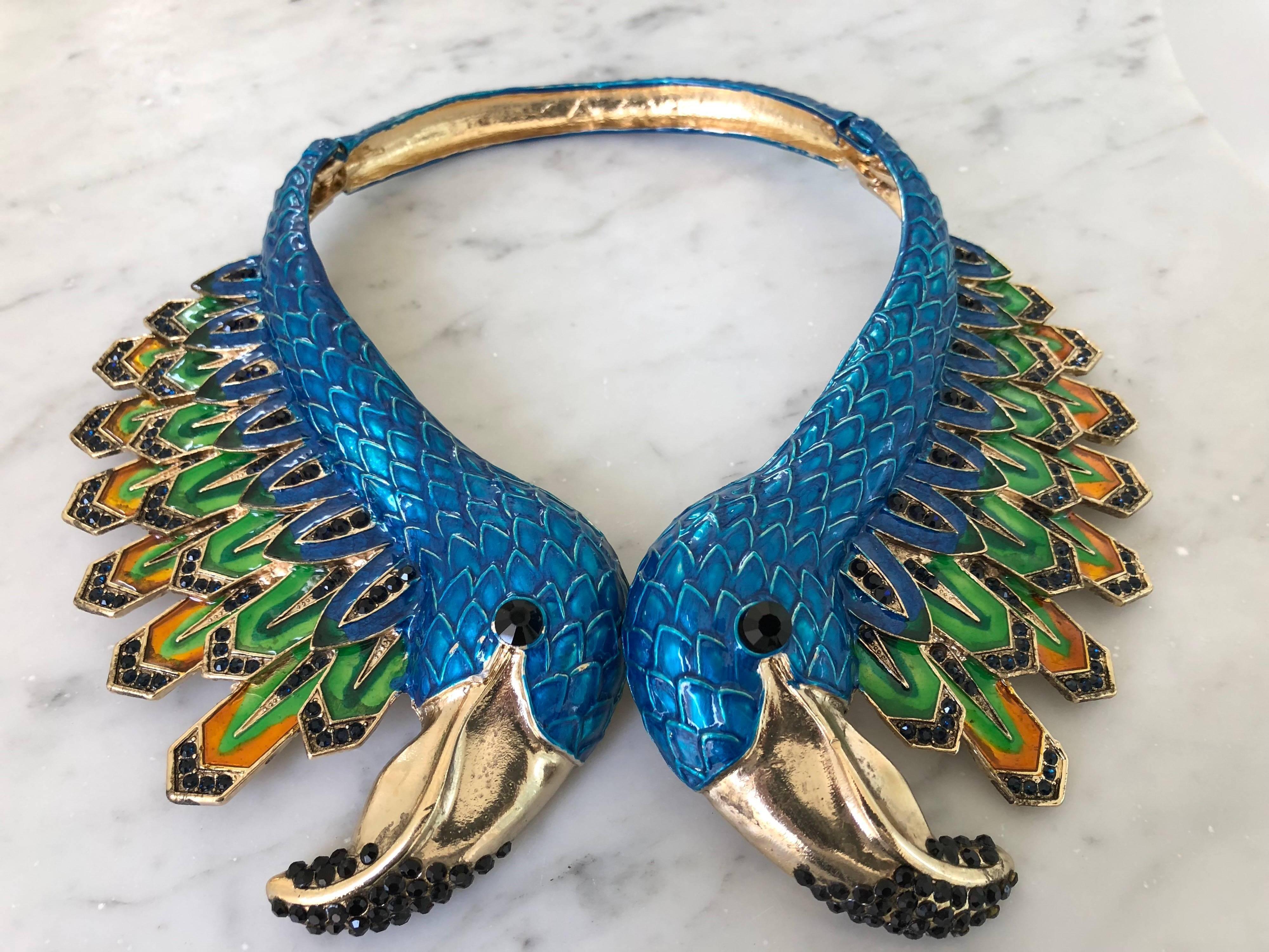 1980s Azure Blue & Gold Deco Enameled Exotic Bird Collar Necklace 3