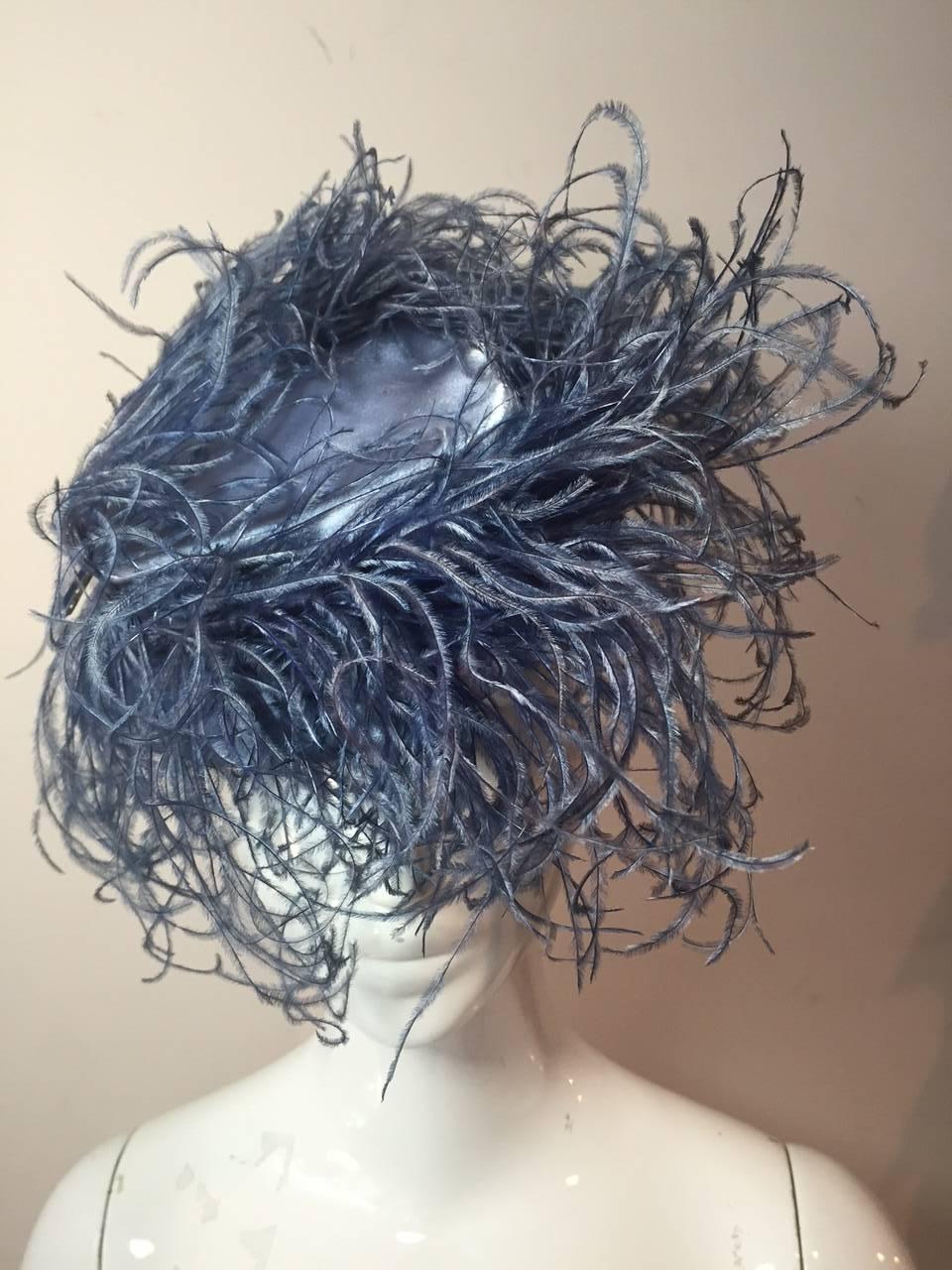 A gorgeous, fetching 1940s Rose Davidson steel-blue silk satin tilt hat with back ring and glorious blue ostrich feathers!  One Size fits all.