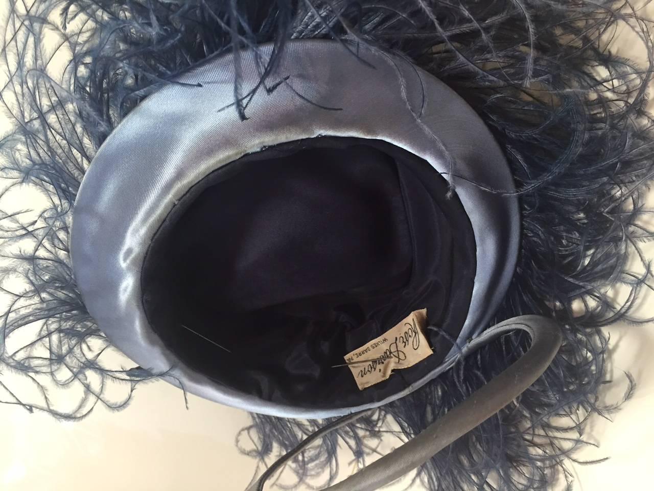 1940s Rose Davidson Steel Blue Satin and Ostrich Feather Tilt Hat In Excellent Condition In Gresham, OR