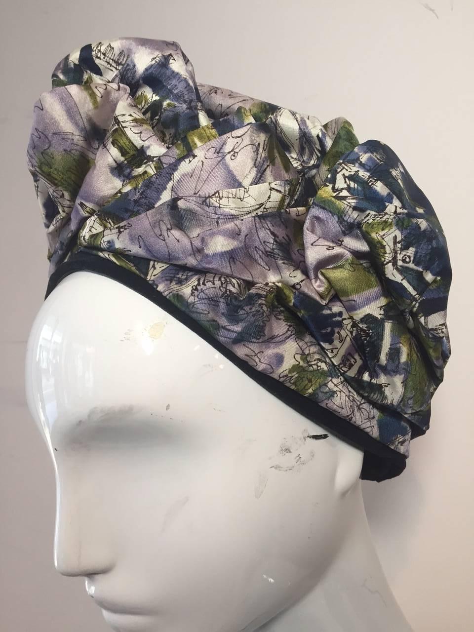 Women's 1950s Abstract Floral Print Silk Turban Hat with Velvet Band