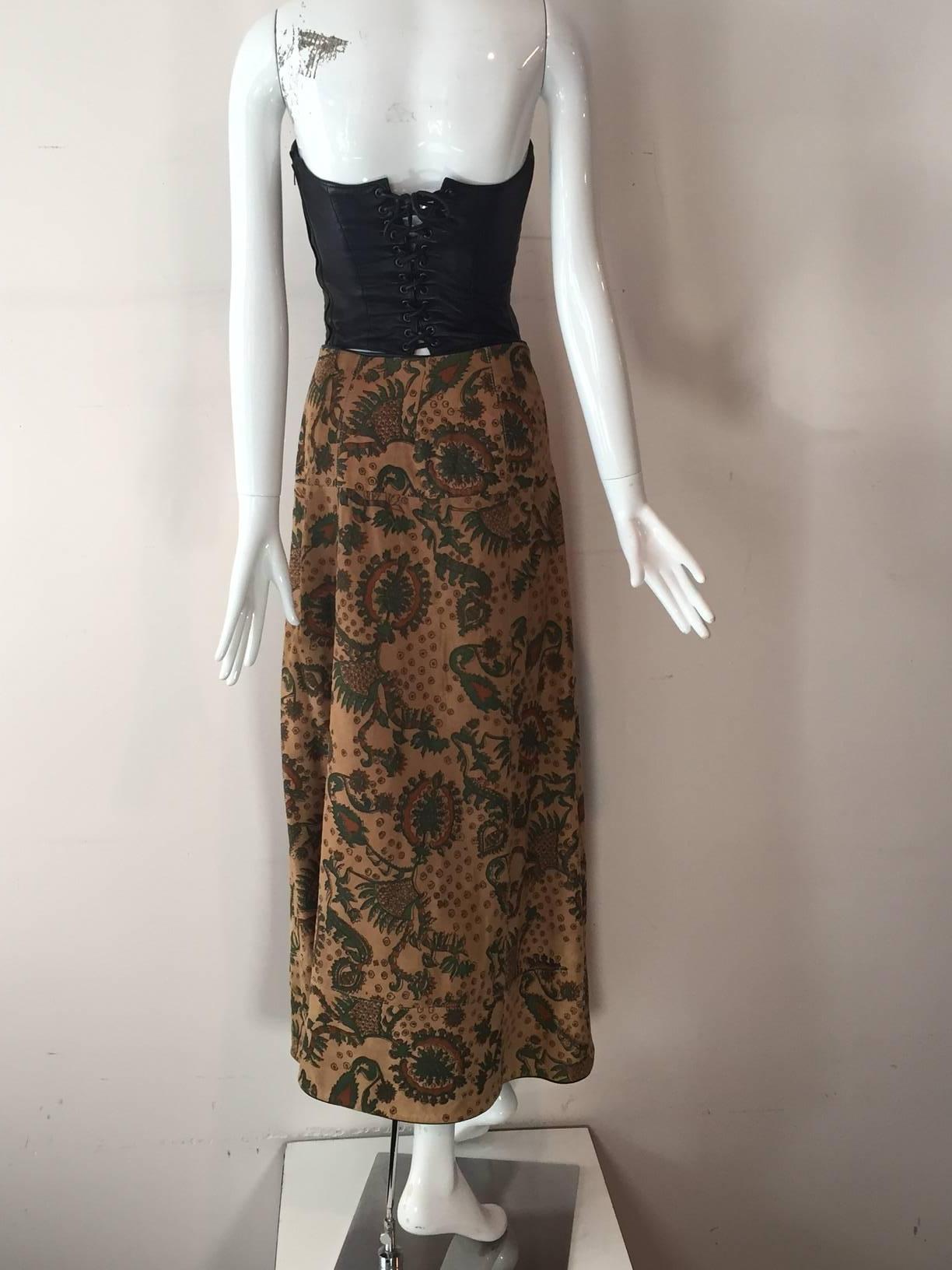 Black 1970s Geoffrey Beene Button-Up Paisley Printed Suede Maxi Skirt