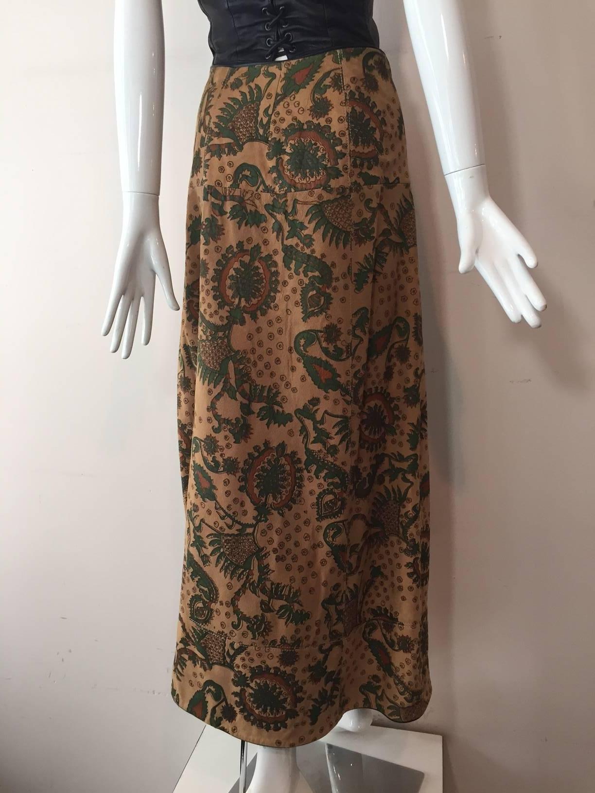 Women's 1970s Geoffrey Beene Button-Up Paisley Printed Suede Maxi Skirt