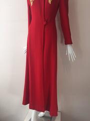 1940s Cherry Red Wool Princess Style Evening Coat with Gold Applique at Bodice