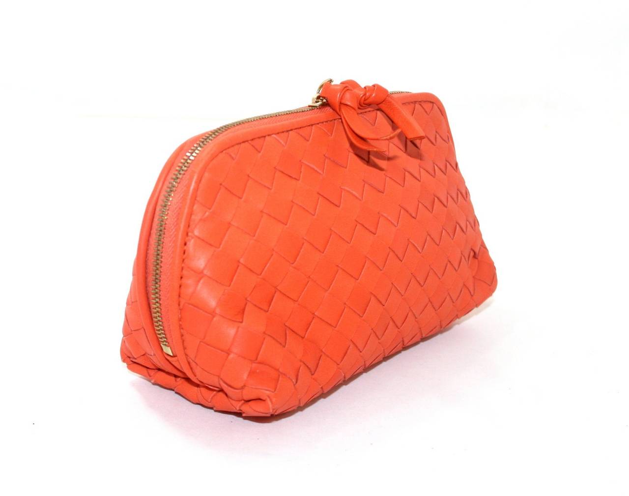 Bottega Veneta Orange Woven Leather Cosmetic Case In New Condition In New York City & Hamptons, NY