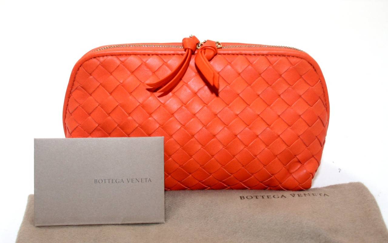 Bottega Veneta Orange Woven Leather Cosmetic Case 5
