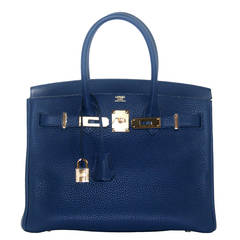 Hermes Blue Sapphire 30 cm Clemence Leather Birkin with Gold HW