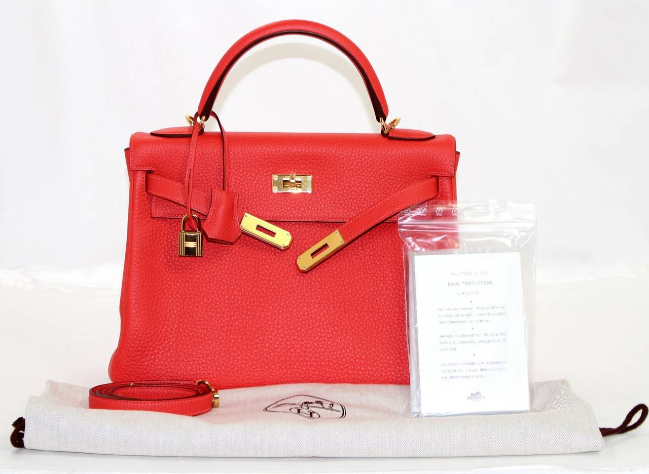 Hermes Kelly Bag in Rouge Pivoine Clemence Red Leather, GHW, 32 cm size 2