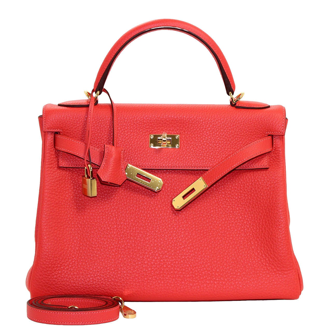 Hermes Kelly Bag in Rouge Pivoine Clemence Red Leather, GHW, 32 cm size ...
