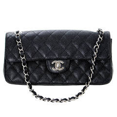 Chanel Black Caviar Leather East West Flap Bag with Silver Hardware