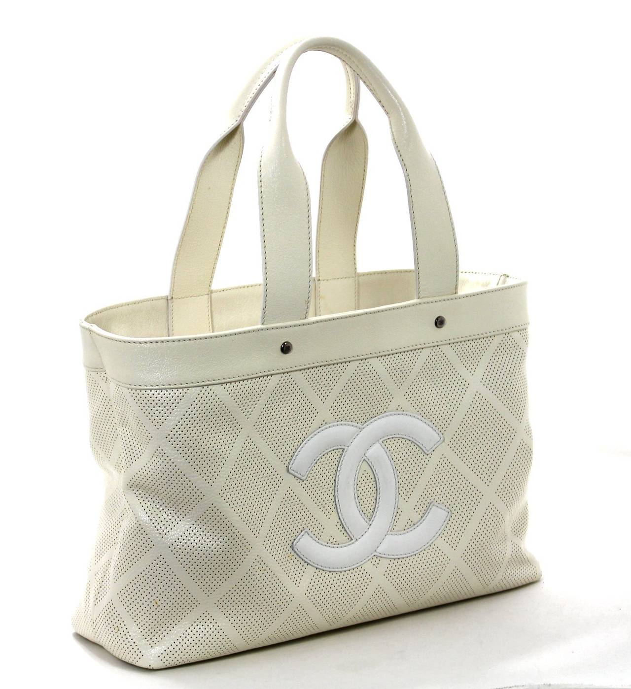 Chanel Vanilla Perforated Leather Large Tote Bag In Excellent Condition In New York City & Hamptons, NY