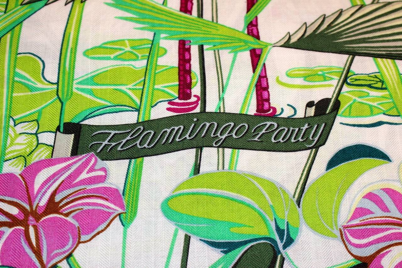 Hermes Flamingo Party Cashmere and Silk Shawl 140 GM size in White In New Condition In New York City & Hamptons, NY