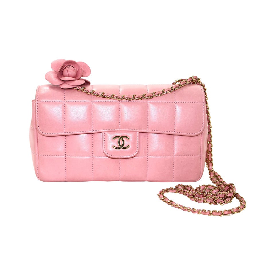 Chanel Pink Lambskin Chocolate Bar Quilted Camellia Bag