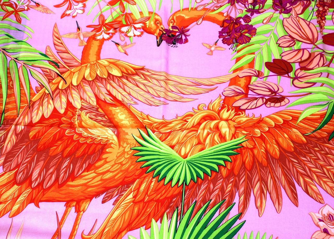 Hermes Flamingo Party Cashmere and Silk Shawl 140 cm GM size in PINK In New Condition In New York City & Hamptons, NY