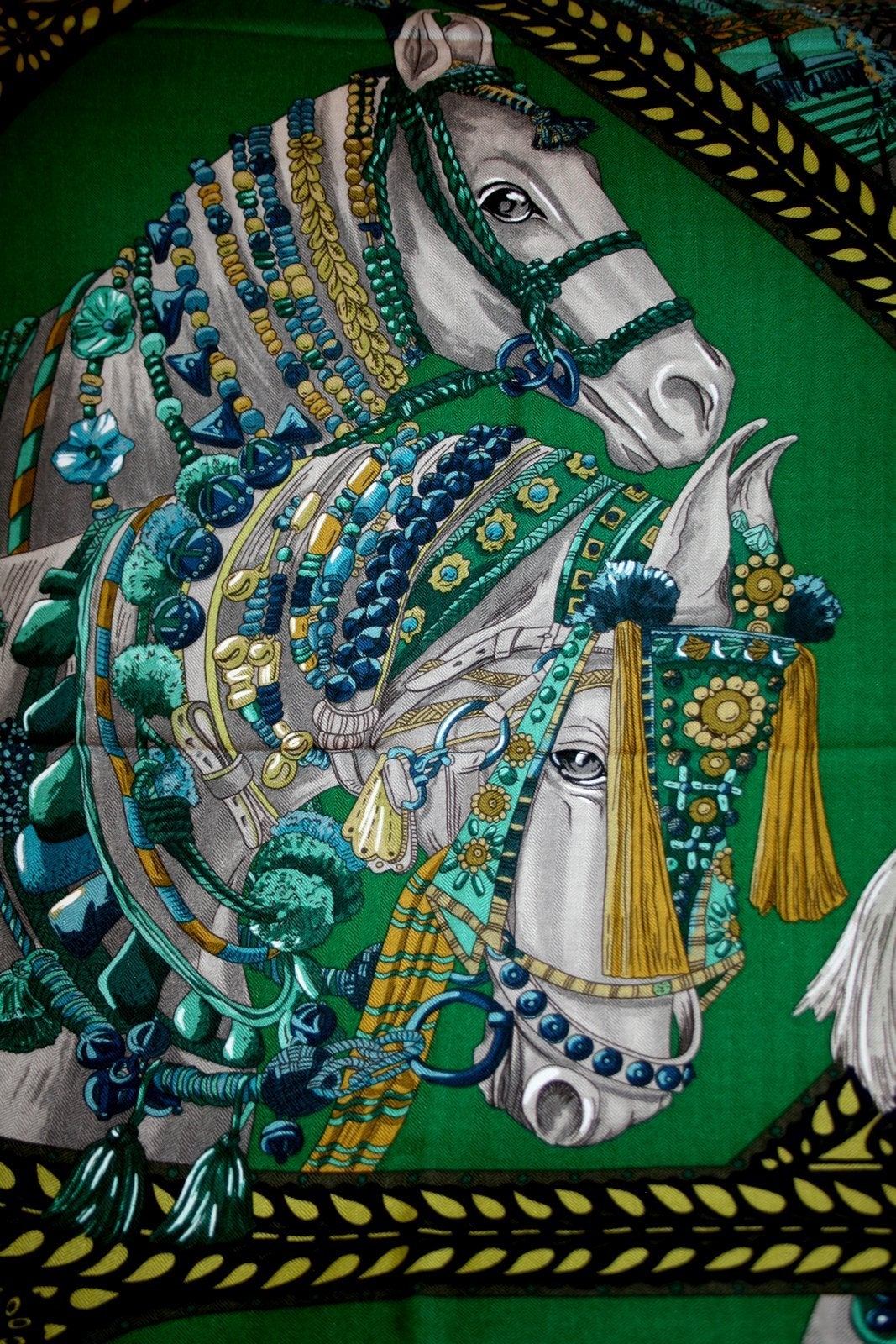 Women's Hermes La Danse Du Cheval Shawl Scarf 140 cm in Green and Black