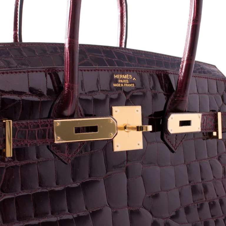 Hermès Birkin 35 Shiny Bordeaux Porosus with Gold Hardware - Bags - Kabinet  Privé