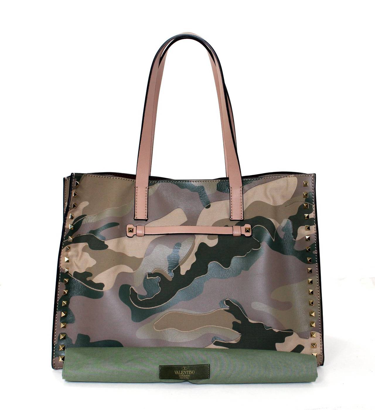 Valentino Rock Stud Tote- Camo Green Leather and Canvas 4