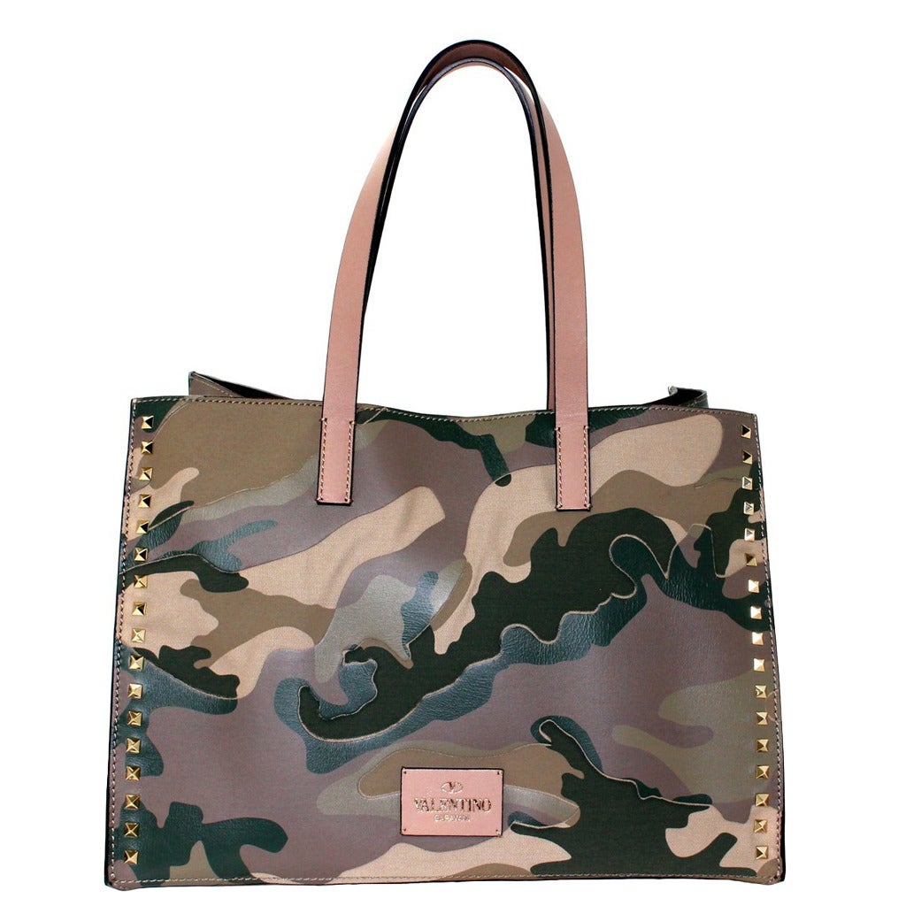 Valentino Rock Stud Tote- Camo Green Leather and Canvas