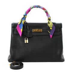 HERMES Kelly Bag- Black Clemence Leather with  Gold, 35 cm