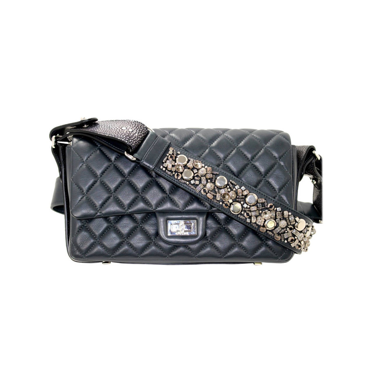 Chanel Grey Lambskin Cross Body Flap Bag with Stingray Beaded Strap For Sale