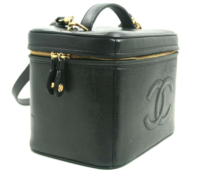 1990's Chanel Black Caviar VAnity Case with Strap In Good Condition In New York City & Hamptons, NY