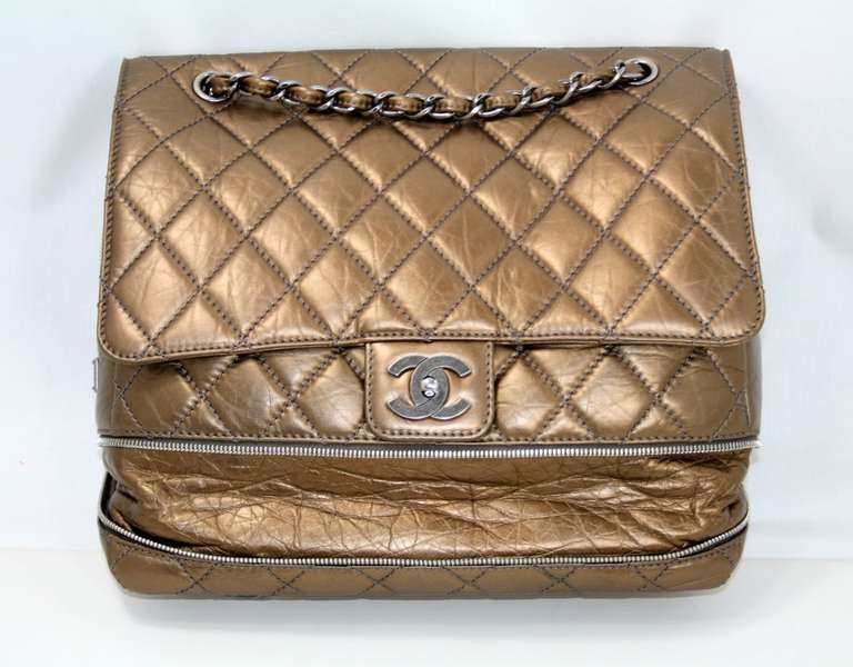 Chanel Distressed Gold Leather PNY Expandable Zip Flap Bag 2
