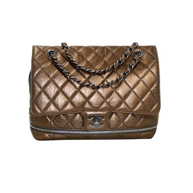 Chanel Distressed Gold Leather PNY Expandable Zip Flap Bag