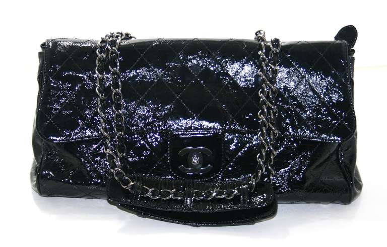 Chanel Black Patent Leather Large Ritz Flap Bag In Excellent Condition In New York City & Hamptons, NY