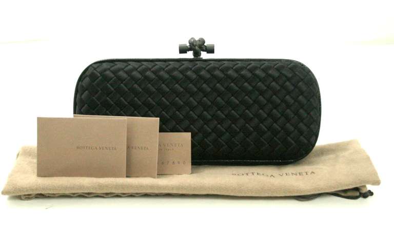 Bottega Veneta Black Satin Long Knot Clutch with Ayers Skin Trim 4