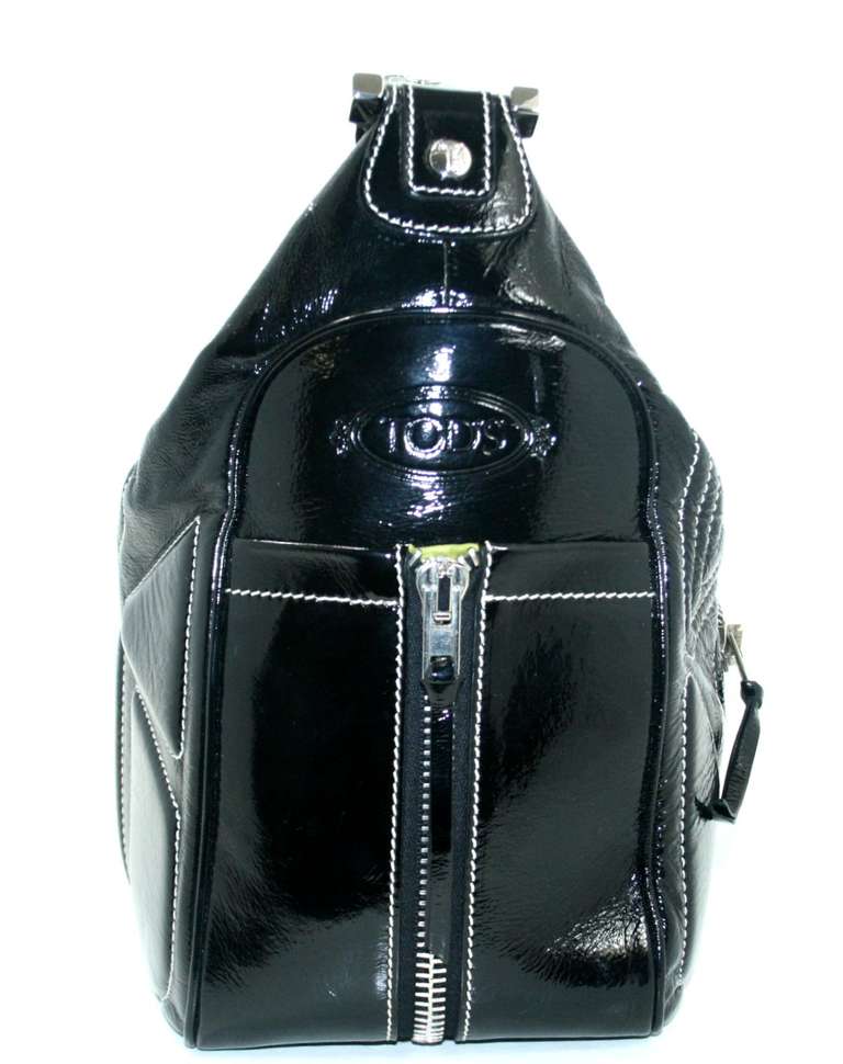Tods Black Crinkled Patent Leather Miky Shoulder Bag For Sale 1