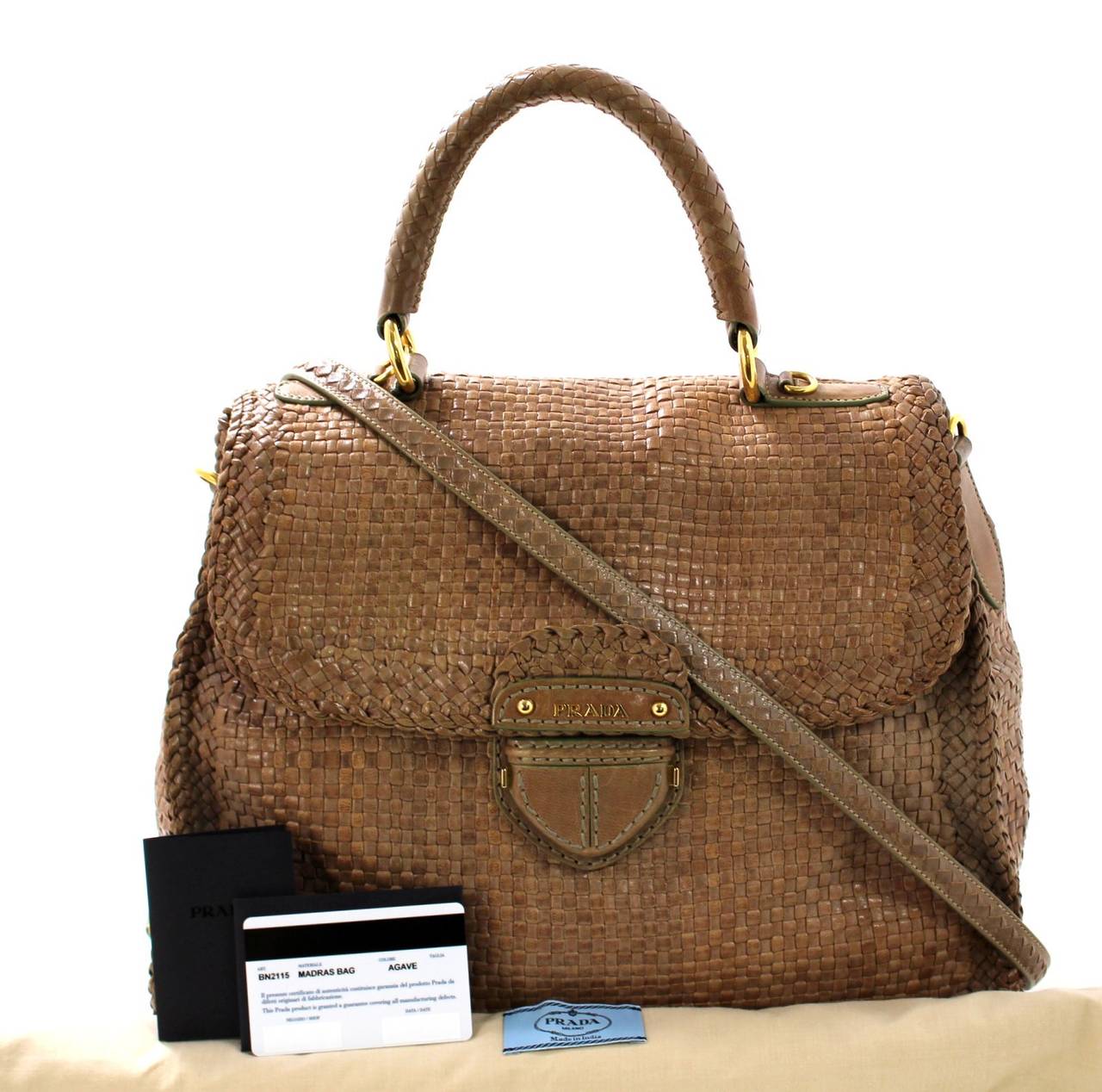 Prada Agave Woven Madras Top Handle Crossbody- Sold Out Nude color 3