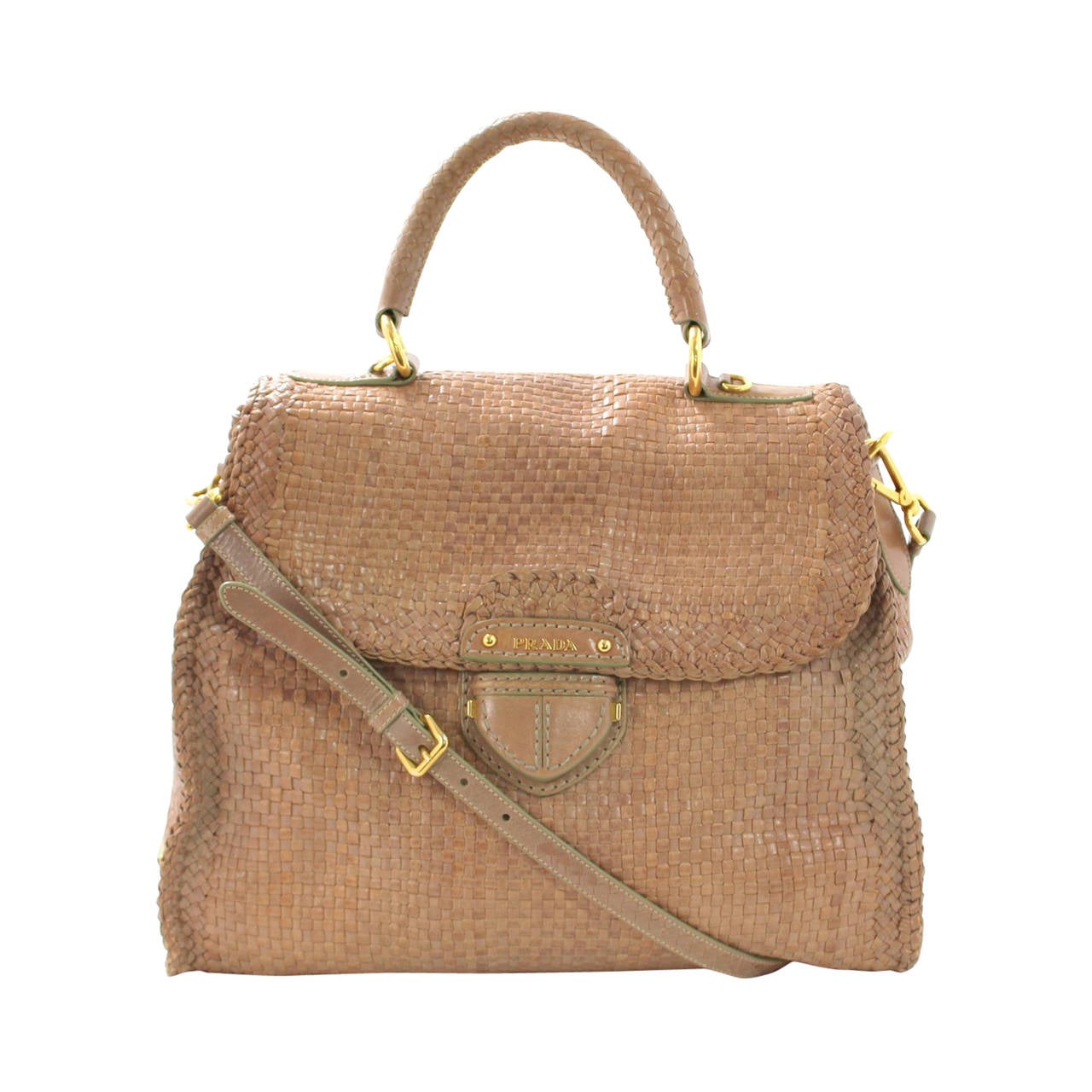 Prada Agave Woven Madras Top Handle Crossbody- Sold Out Nude color