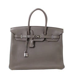 Hermes Grey Etain Clemence Leather Birkin Bag- 35 cm size