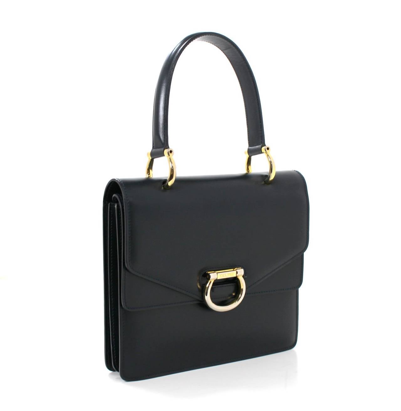 Celine Navy Black Leather Top Handle Bag In Excellent Condition In New York City & Hamptons, NY