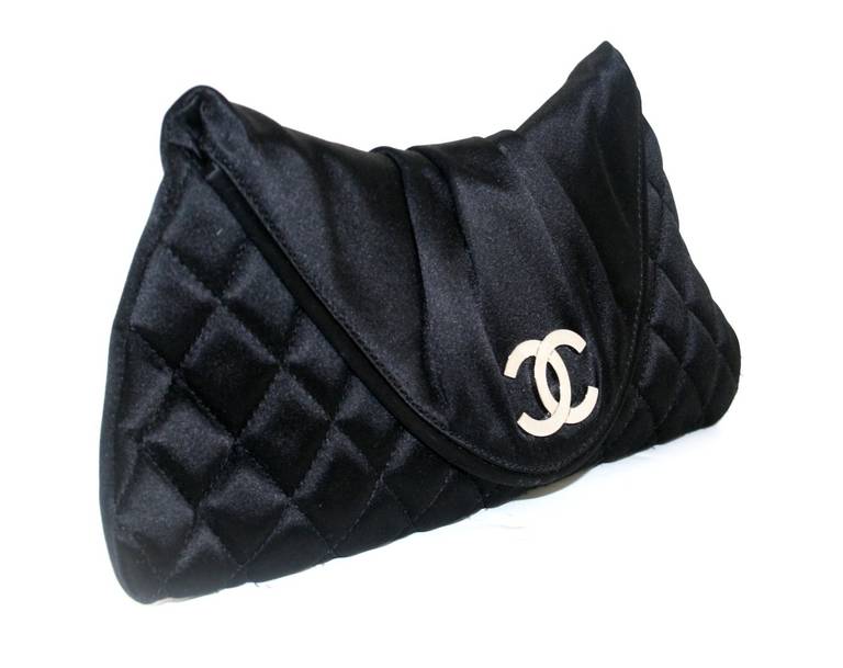 Chanel Black Satin Flap Clutch In Excellent Condition In New York City & Hamptons, NY