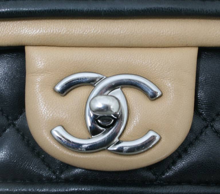 Chanel Black Quilted Leather Flap Bag with Beige Trim 2