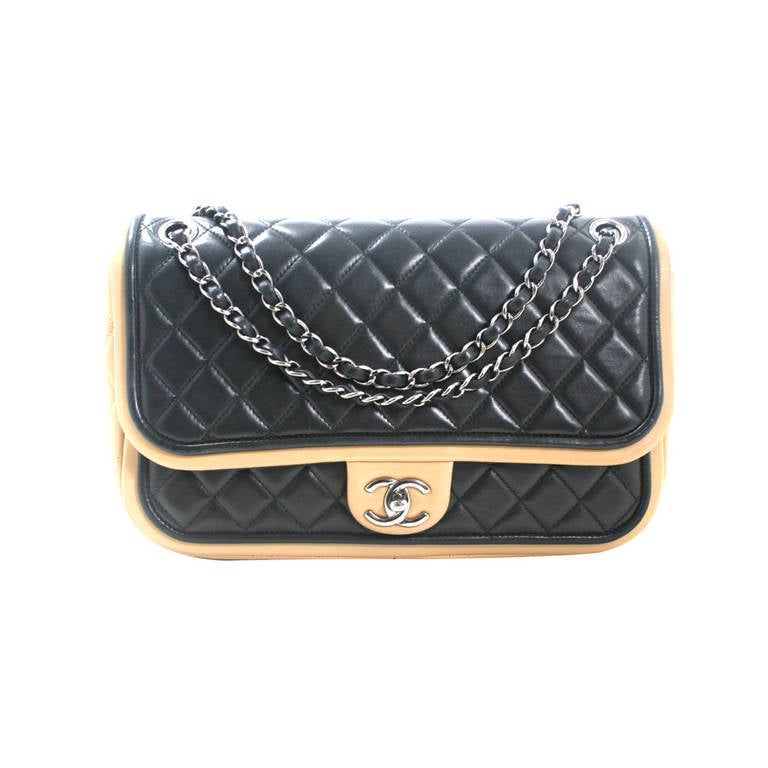 Chanel Black Quilted Leather Flap Bag with Beige Trim