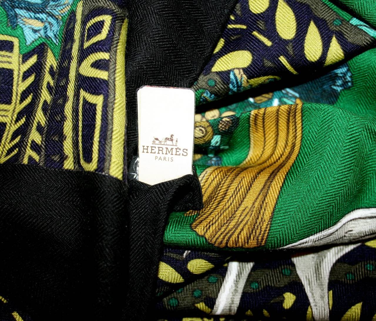 Hermès La Danse Du Cheval Marwari Cashmere and Silk GM Shawl Vert Turquoise Noir 5