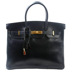 Hermès 35 cm Indigo Box Calf Leather Birkin Bag with Gold