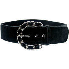 Chanel Black Velvet Belt with Silver Buckle size Large