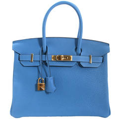 Hermès 35 cm Bleu Paradis Clemence Leather Birkin Gold Hardware