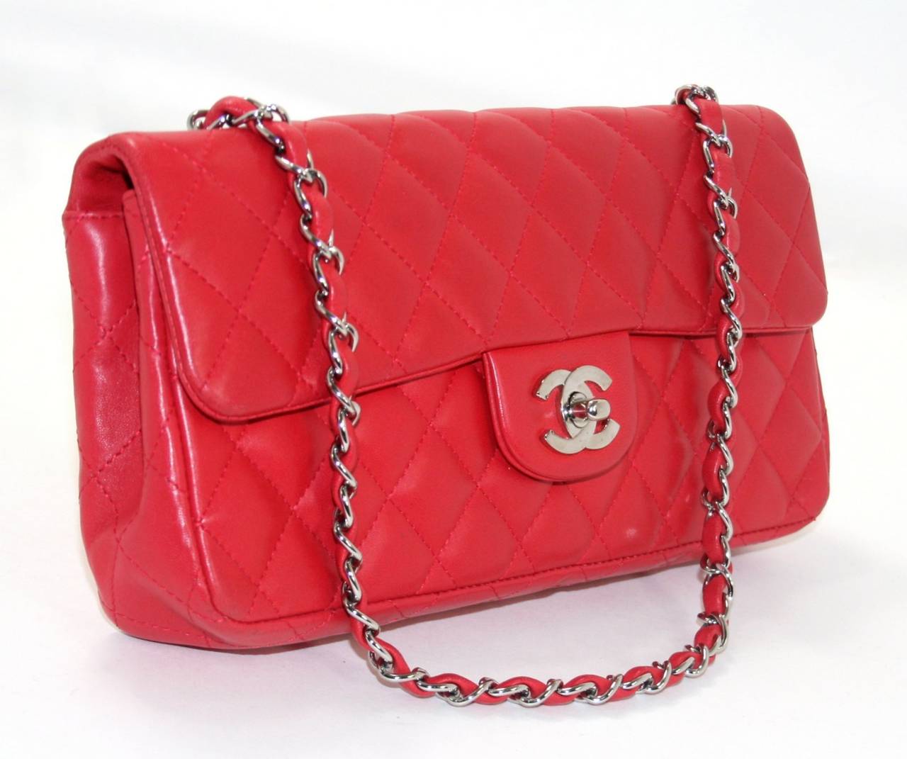 Chanel Red Lambskin East West Flap Bag In New Condition In New York City & Hamptons, NY