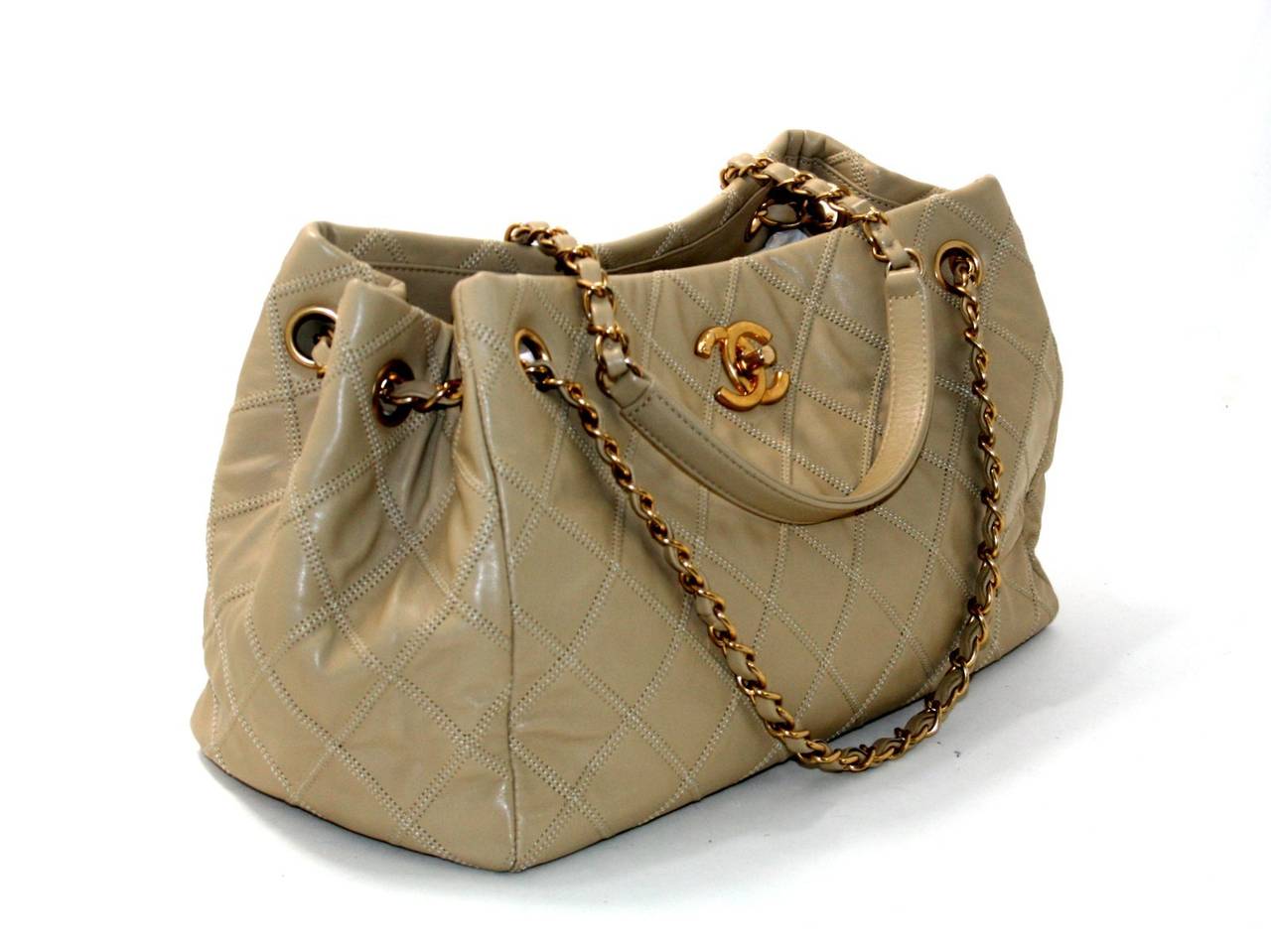 Chanel Beige Clafskin Stitched Thin City Tote In Excellent Condition In New York City & Hamptons, NY