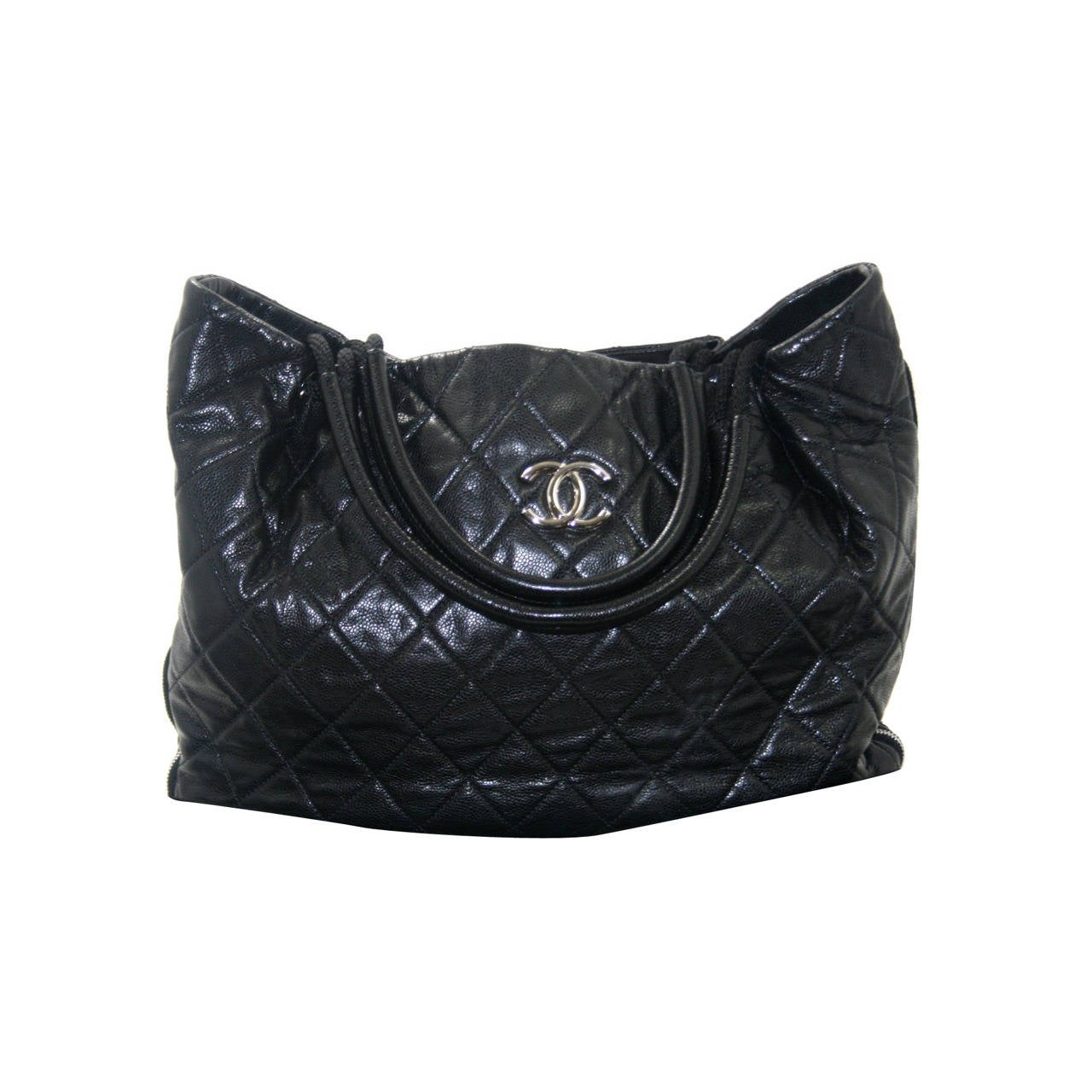 Chanel Black Caviar Leather Zip Around Expandable Tote Bag For Sale