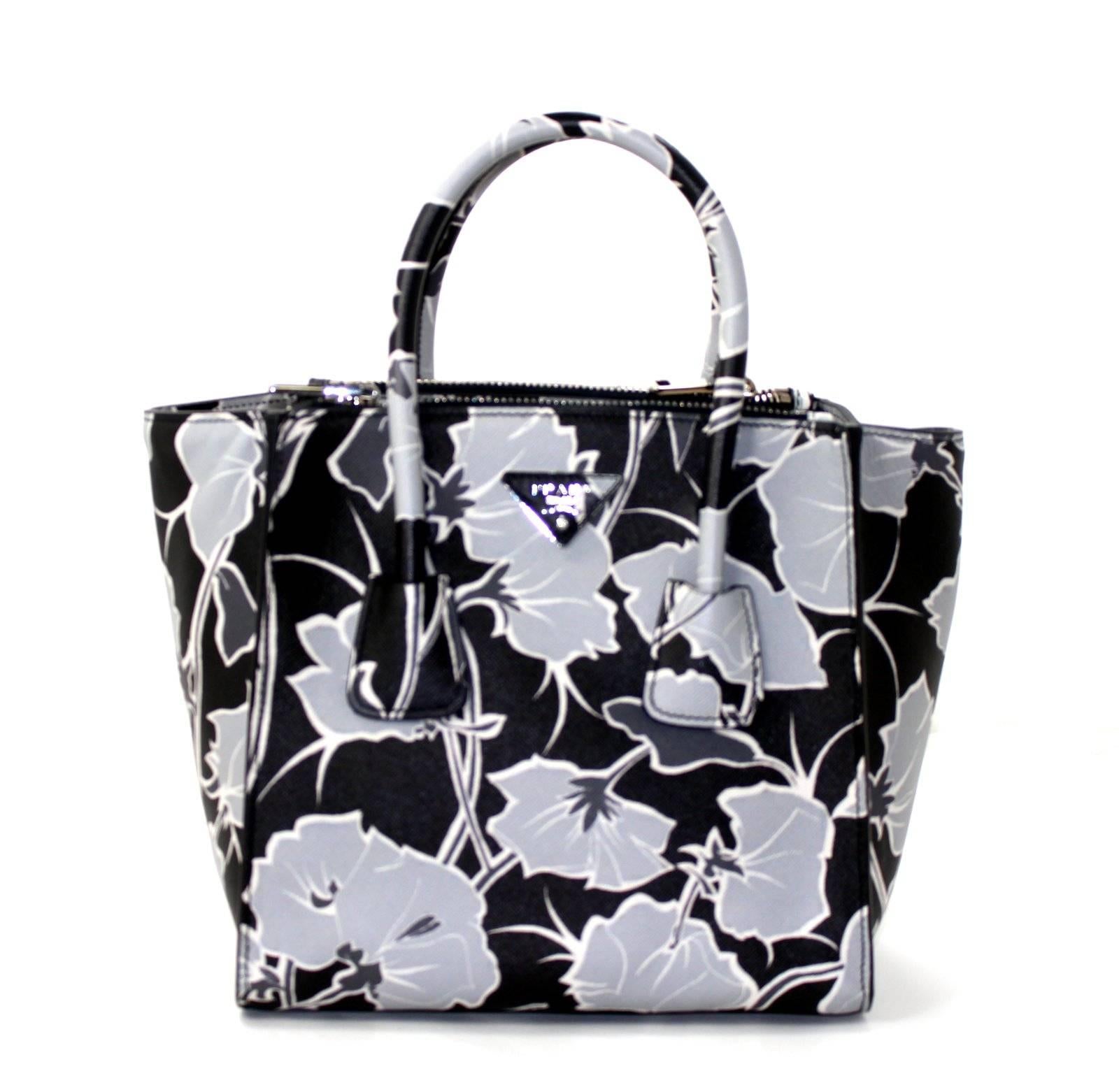 Prada Floral Saffiano Leather Twin Pocket Satchel- Grey Black In New Condition In New York City & Hamptons, NY