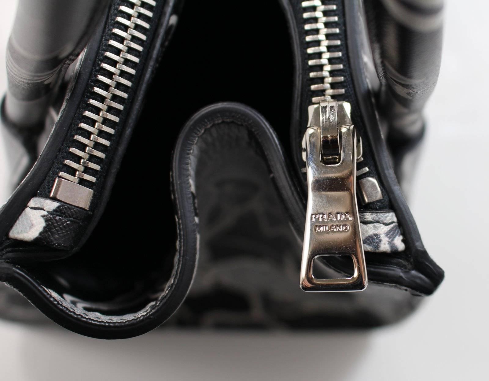 Prada Floral Saffiano Leather Twin Pocket Satchel- Grey Black 4