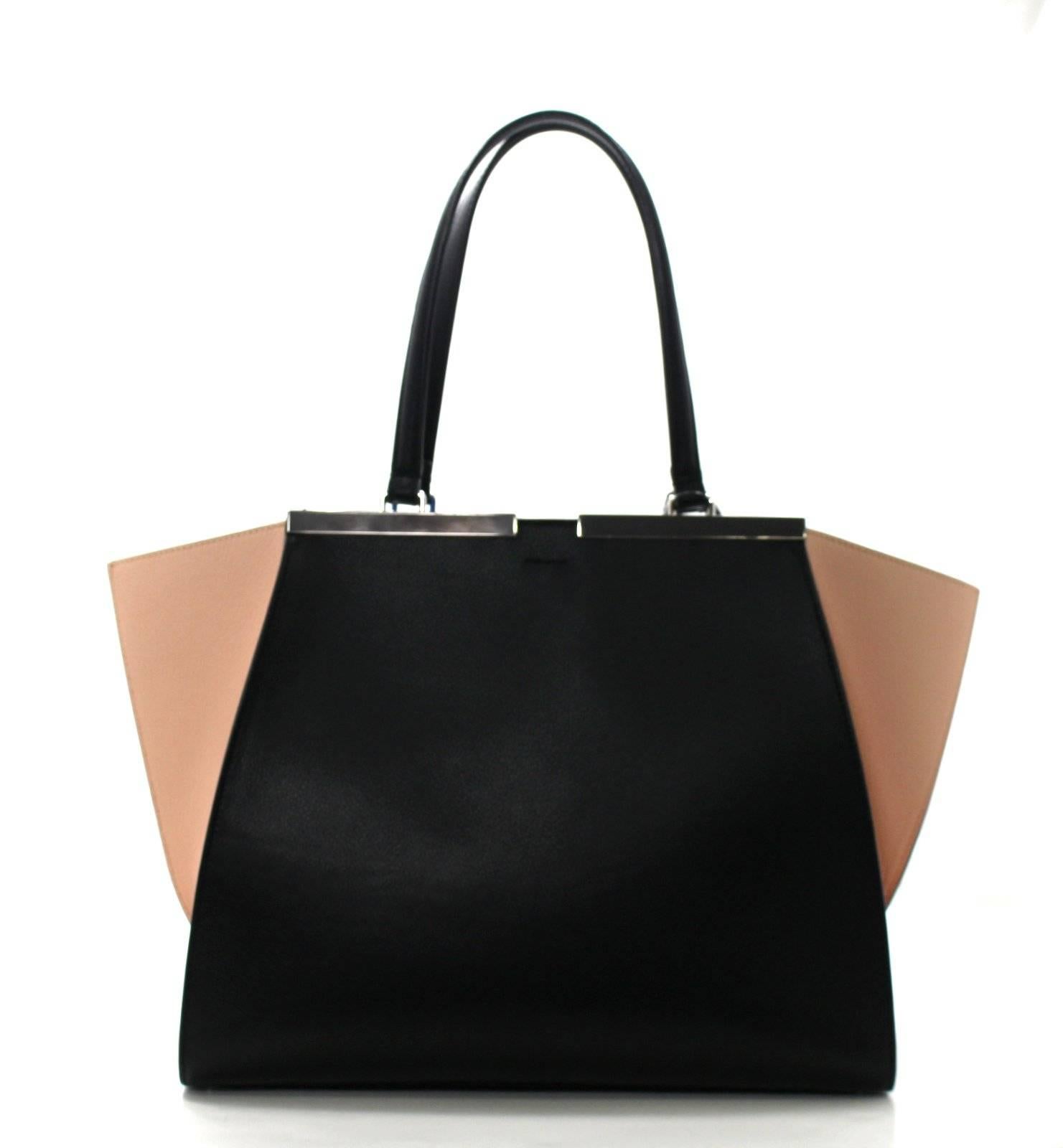 Fendi Tri Color Leather Tote- Black Nude Blue In New Condition In New York City & Hamptons, NY