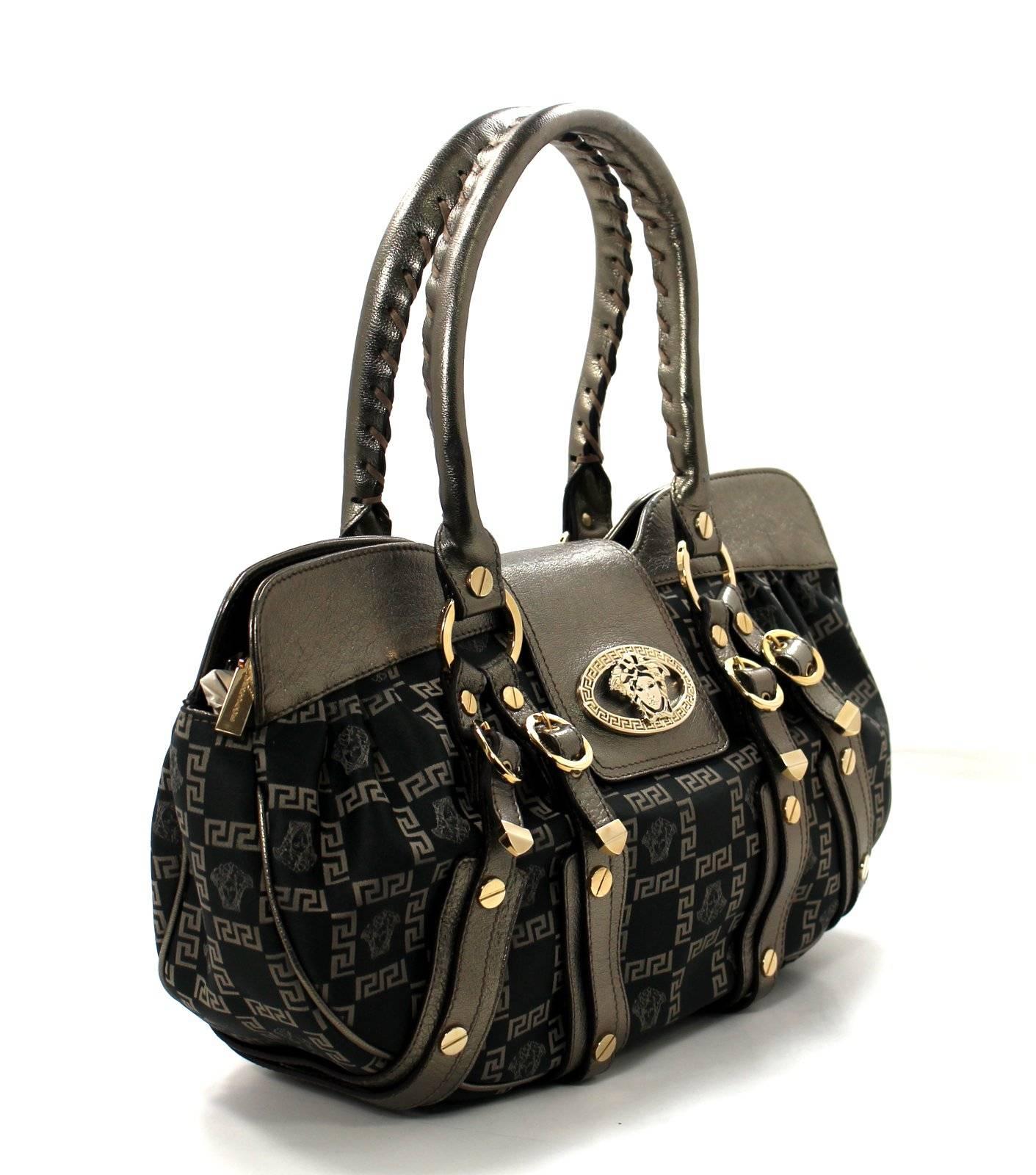 Versace Dark Brown Silk and Gold Leather Shoulder Bag In Excellent Condition In New York City & Hamptons, NY