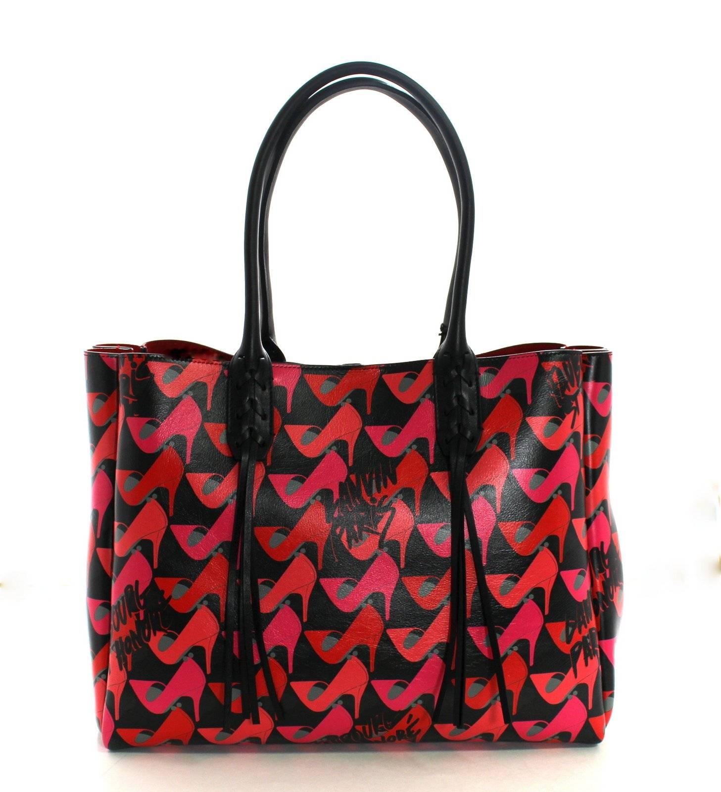 Lanvin Pink Shoe Print on Black Leather Tote Bag In New Condition For Sale In New York City & Hamptons, NY