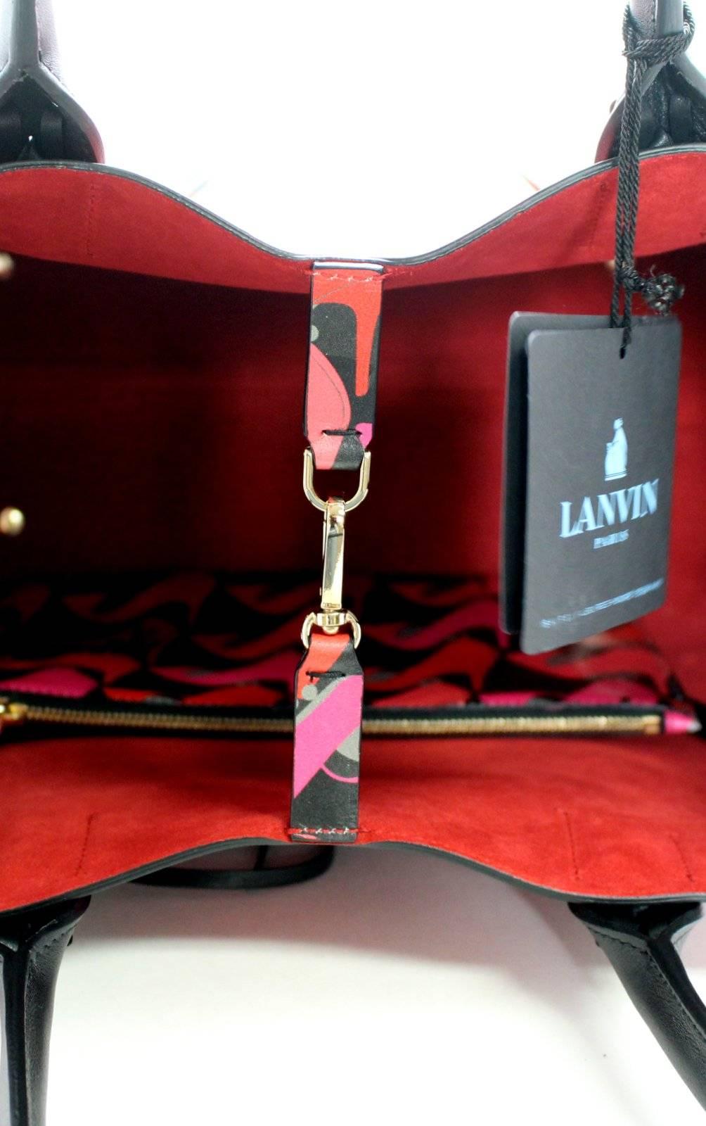 Lanvin Pink Shoe Print on Black Leather Tote Bag For Sale 4