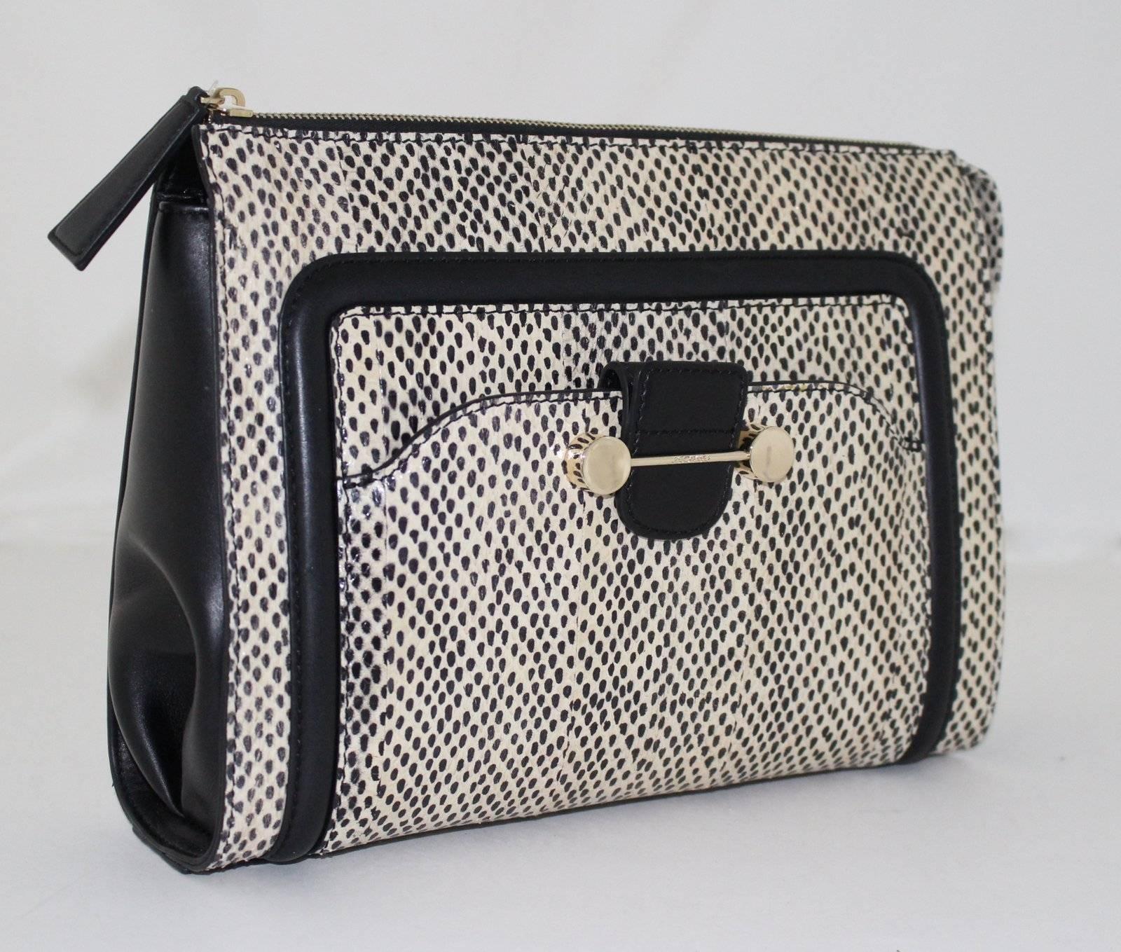 Beige Jason Wu Daphne Water Snake Clutch with Black Leather For Sale